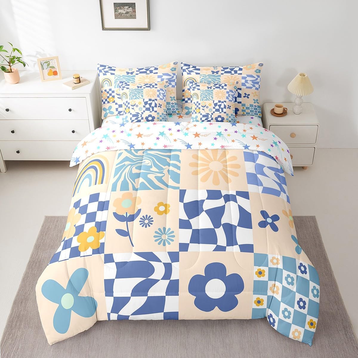 Feelyou Retro Hippie Flower Bedding Set Full 60S 70S Groovy Floral Comforter Set 7 Pieces Geometric Vintage Abstract Botanical Bed in a Bag Blue Plaid Bed Set with Comforter, Sheet Set, Pillowcases