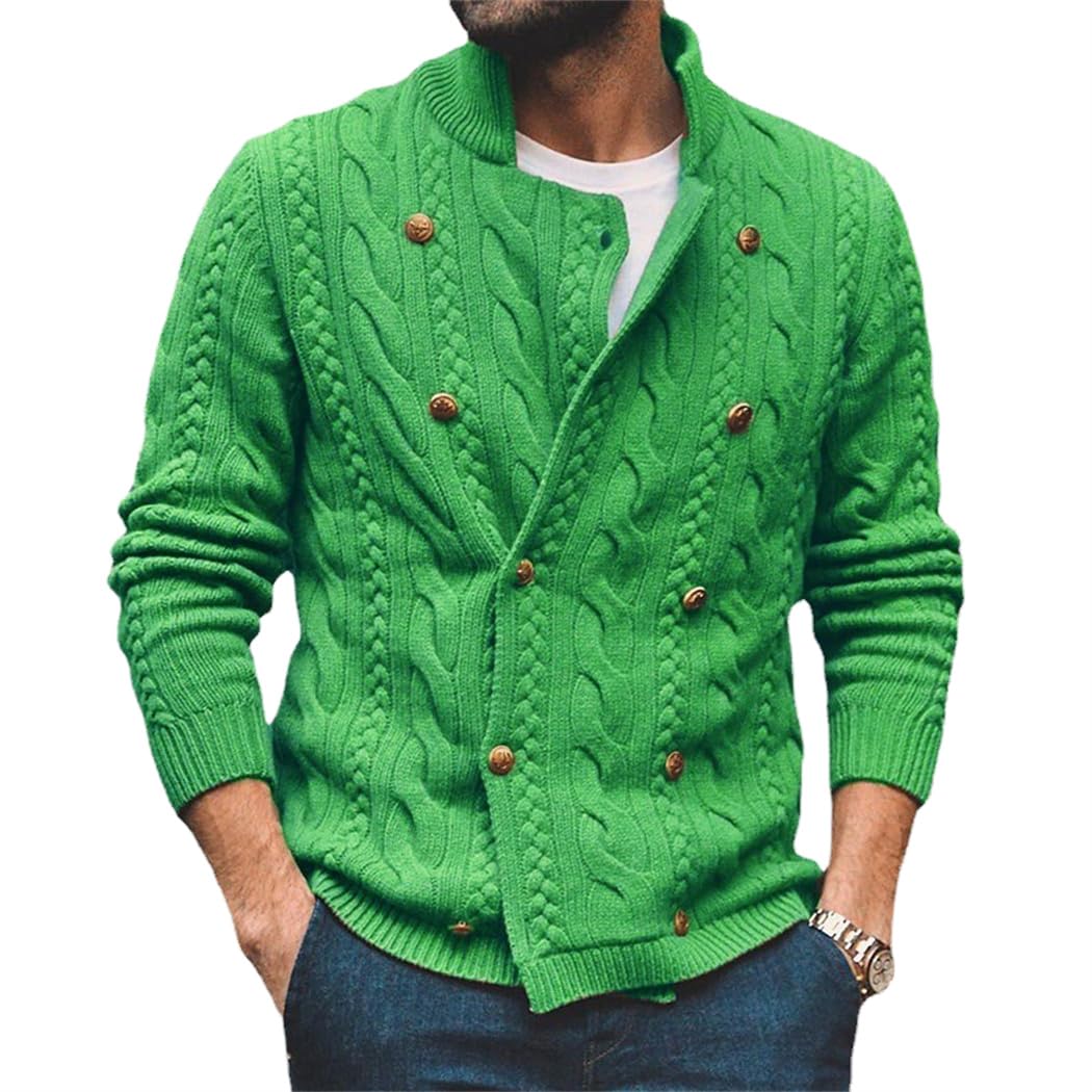 Wekumgy Men's Cable Knit Cardigan Sweater Button Down Knitted Sweaters Casual Knitwear Ribbed Jackets Outwear Green