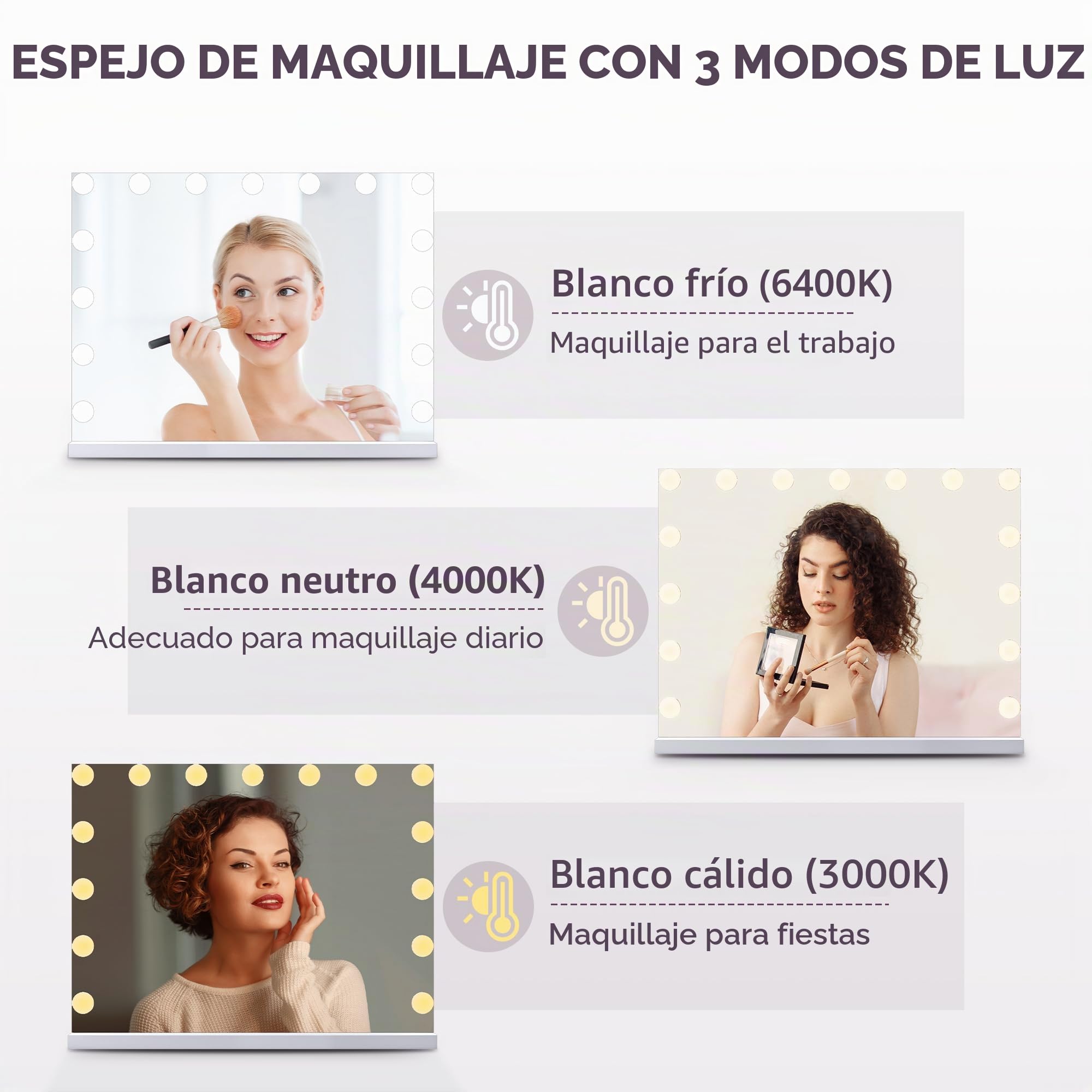 SONNI Hollywood - Espejo de maquillaje con luz (58 x 46 cm) | 3 colores de luz, regulable, función táctil y memoria, 15 bombillas LED. Ideal para maquillaje diario y como regalo