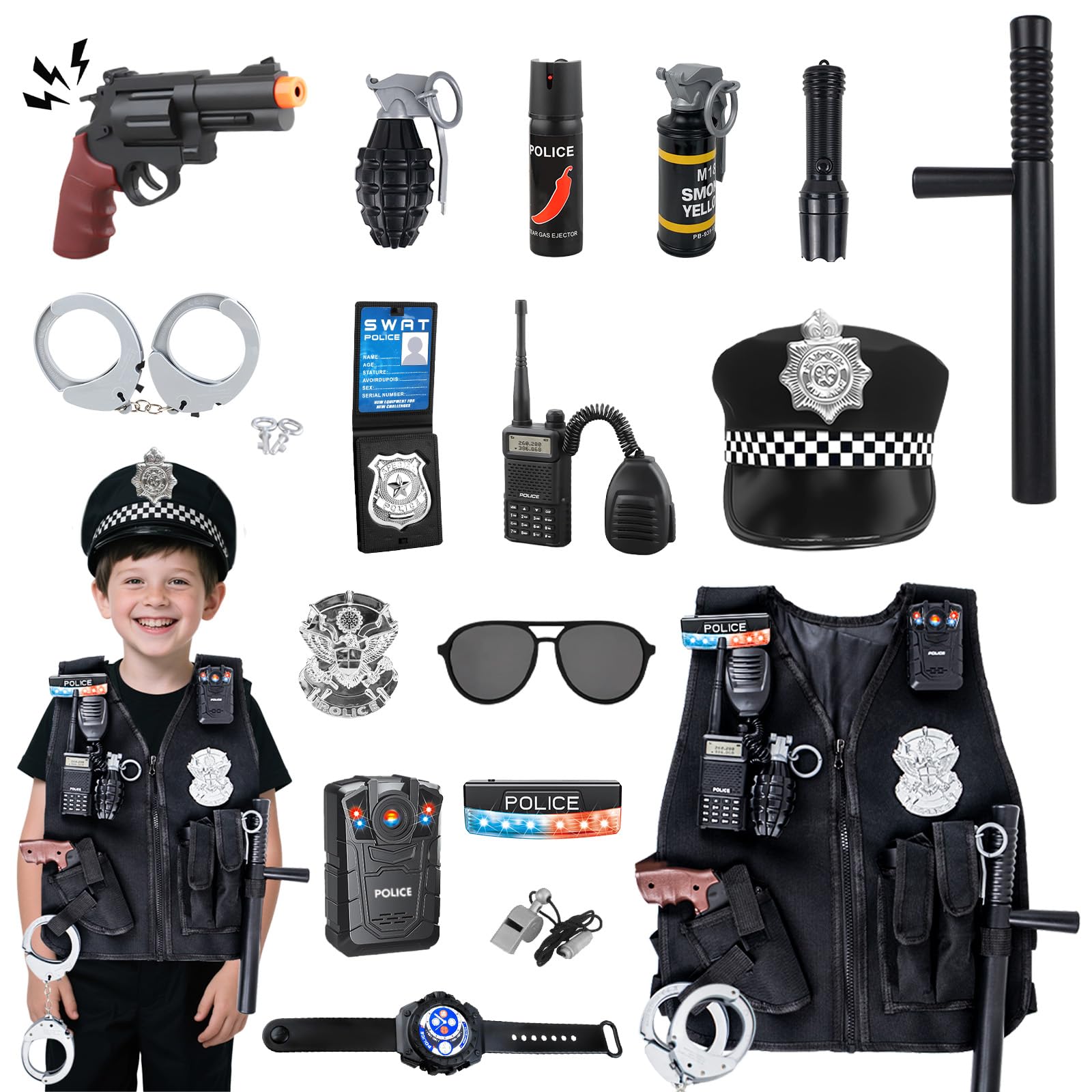 KalaDuck Kids Police Costume Toys, 17PCS Accessories with Hat, Vest, Handcuffs and Toy Gun