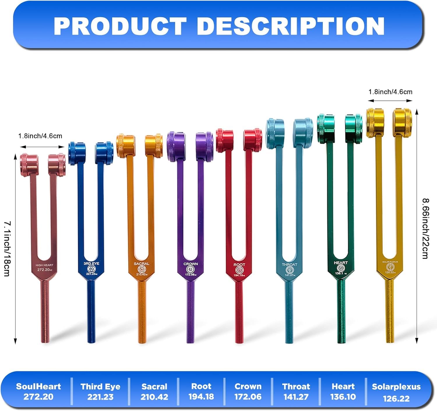 Diapason Therapeutique, Diapasons avec 1 Marteaux en Silicone et Chiffon de Nettoyage, Set de 8 Diapasons de Fréquences Différentes Idéal pour la Thérapie des Chakras, le Soulagement Stress