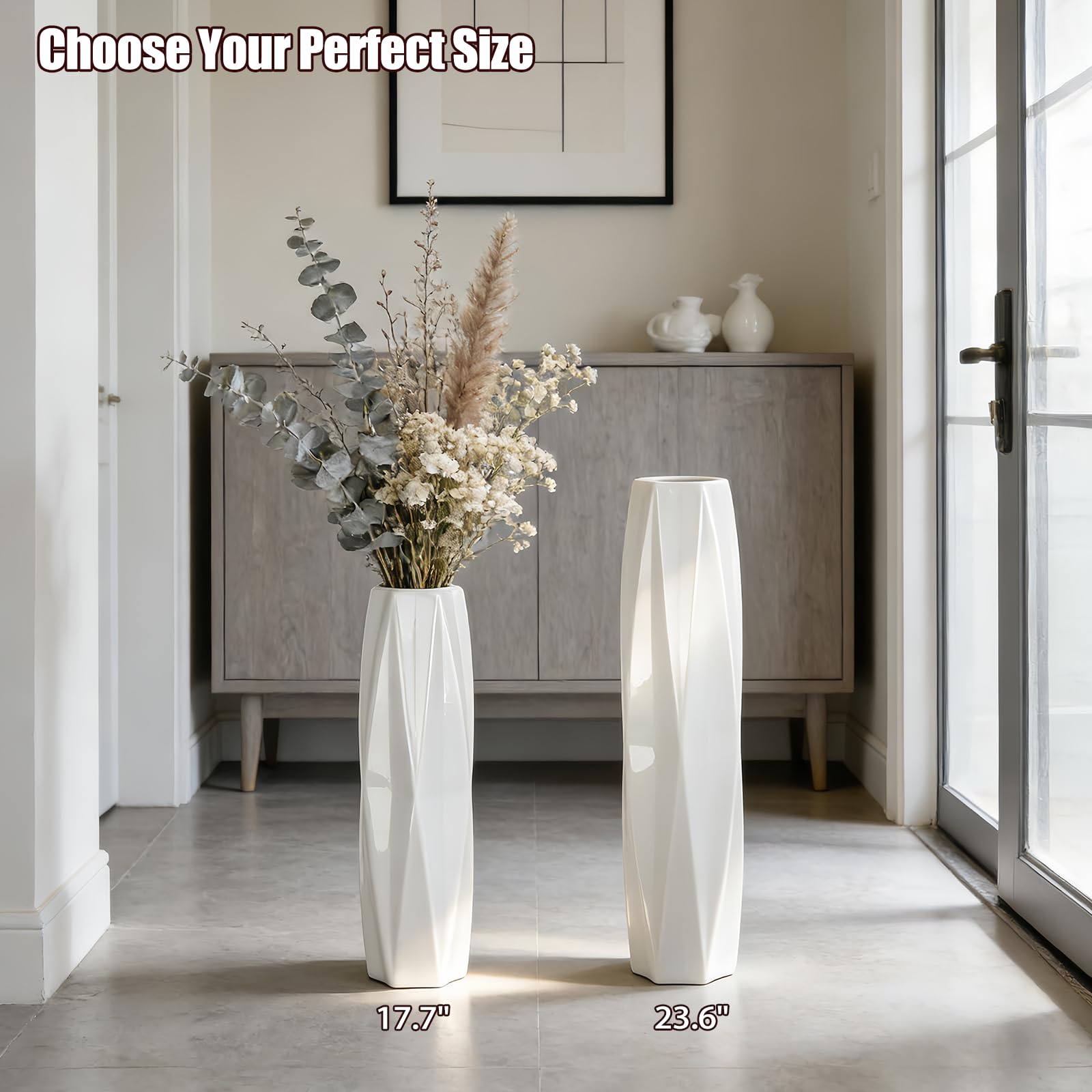 24" Weißer Keramik Bodenvasen 60cm, Große Dekorative Blumenvasen für Wohnzimmer, Schlafzimmer und Büro, Modernes Wohnaccessoire, Glänzende Glasur