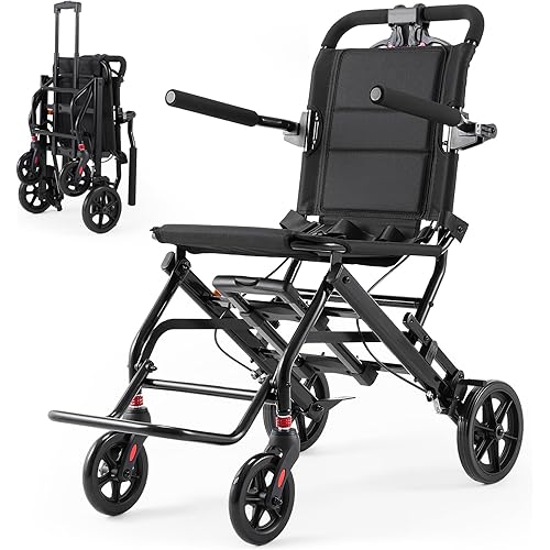 Ultra Lightweight Transport Wheelchair for Adults with Telescopic Handle, 22lbs Portable Folding Travel Wheel Chairs for Seniors, Black