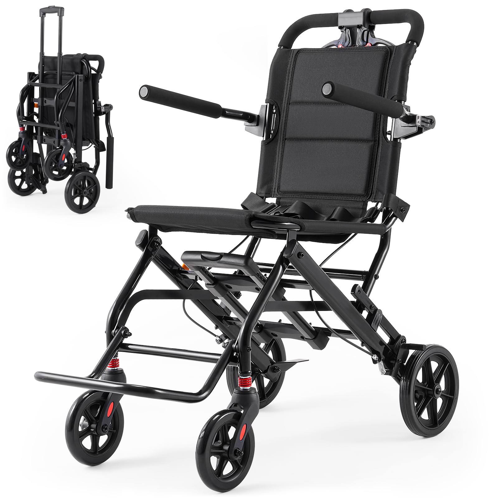 22lbs Ultra Lightweight Folding Transport Wheelchair for Adults &amp; Seniors, Portable Travel Wheelchair with Telescopic Handle (Black)