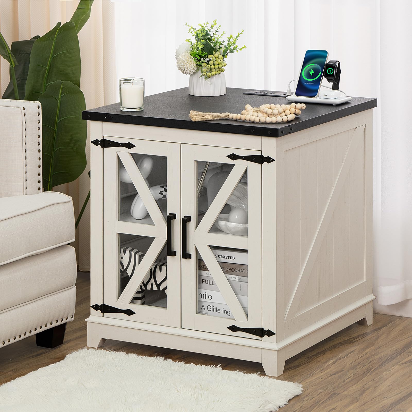 Farmhouse End Table,24" Large Sofa Side Table with Charging Station Glass Barn Door,Wood Nightstand with Adjustable Storage Shelf,Square Bedside Table for Living Room,Bedroom,Office-White