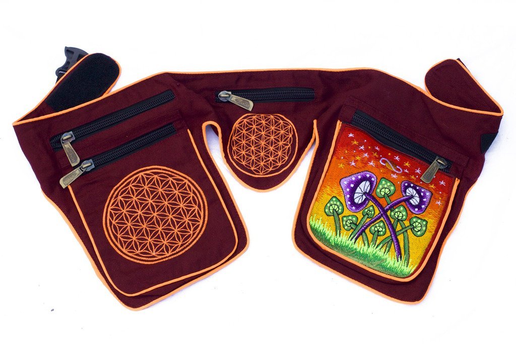 ImZauberwald mushroom planet beltbag (flower oflife, blacklight active, 6 bags, 4 with highquality zip locks) goa bag psychedelic shroom red-L