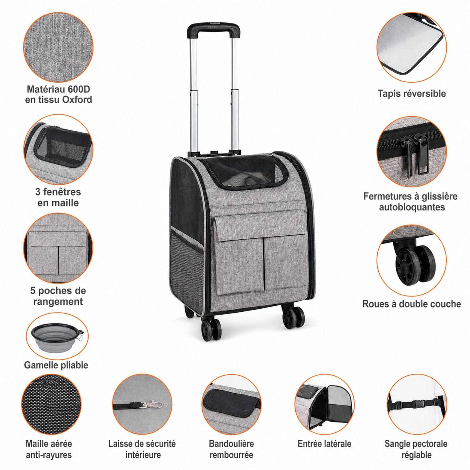 Sac de Transport à roulettes pour Chat et Chien jusqu'à 8,1 kg, Gris, avec poignée télescopique, bandoulière et gamelle Pliable