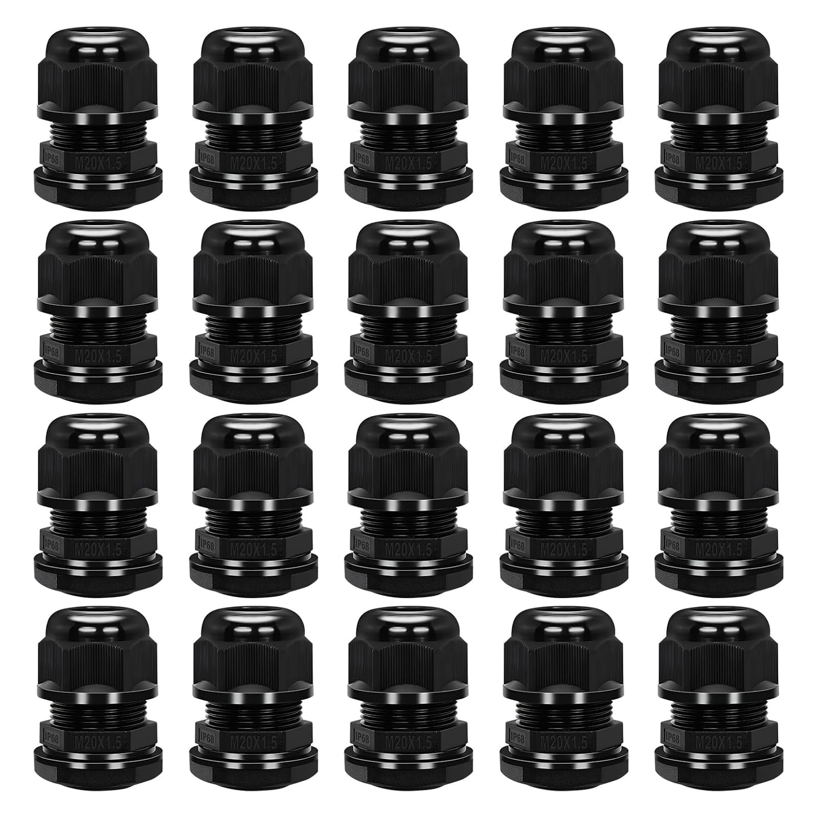 20 Pack M20 Cable Gland IP68 Waterproof Black – Suitable for 6–12mm Cables, Plastic Nylon Compression Cable Connectors with Locknut & Washer for Use in Various Electrical Setups