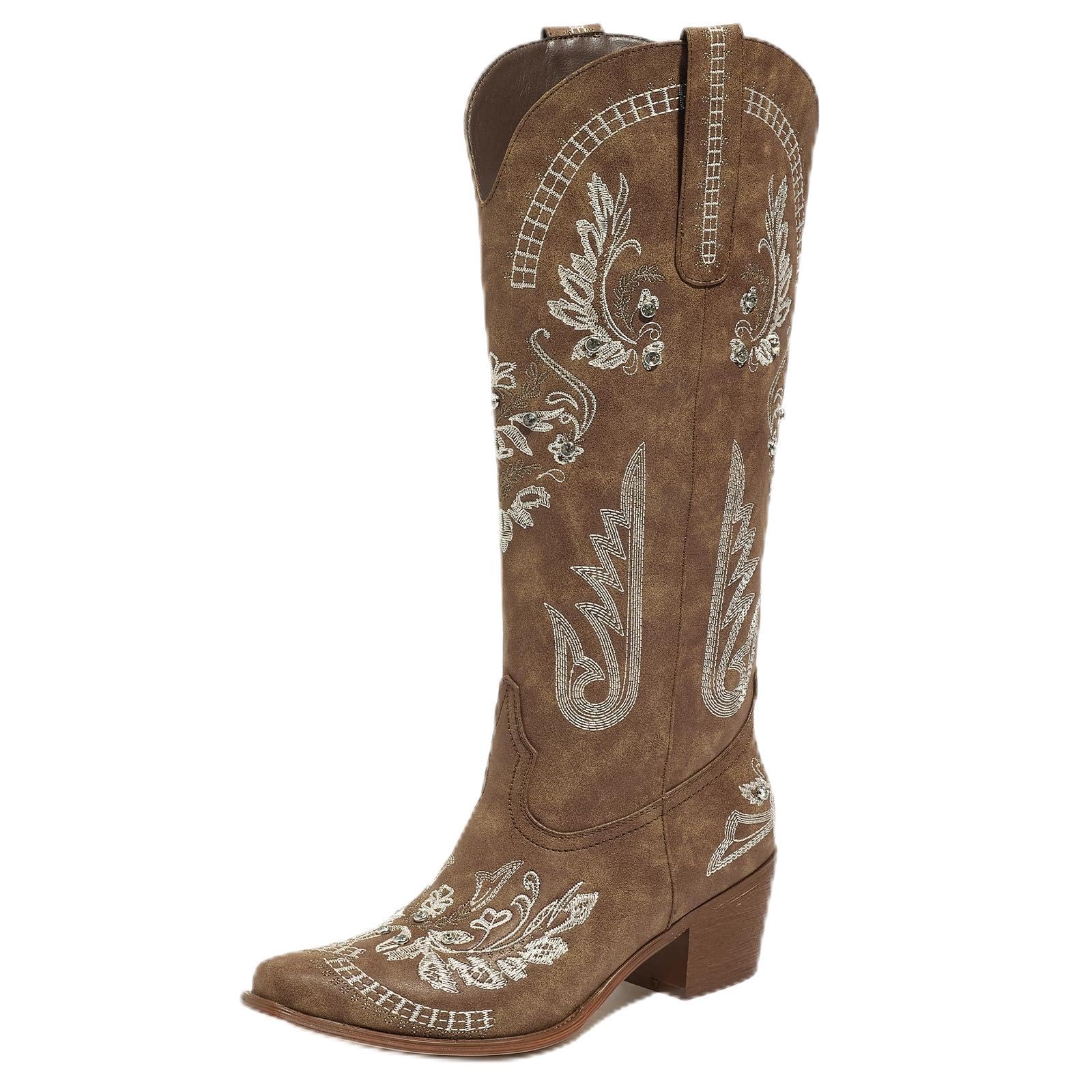 Cowboy Boots for Women-Knee High Western Cowgirl Boots Pointed Toe Fashion Retro Classic Tall Boot Brown Size 8