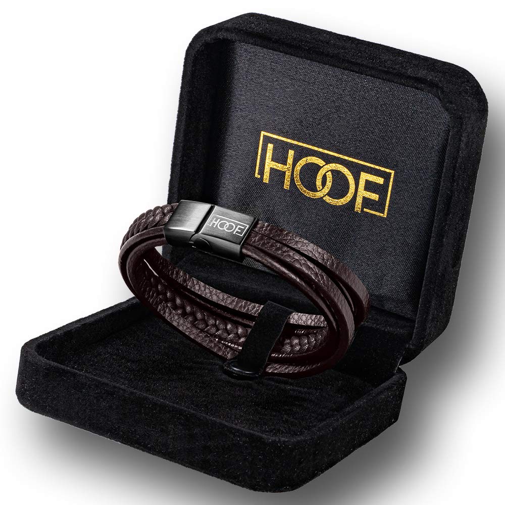 HOOF Bracelet pour homme en cuir véritable tressé noir/marron - 19,5 à 27 cm - Fermoir magnétique - Acier inoxydable - Élégant coffret à bijoux - Cadeau pour homme, ami, partenaire jusqu'à XXXL, 26