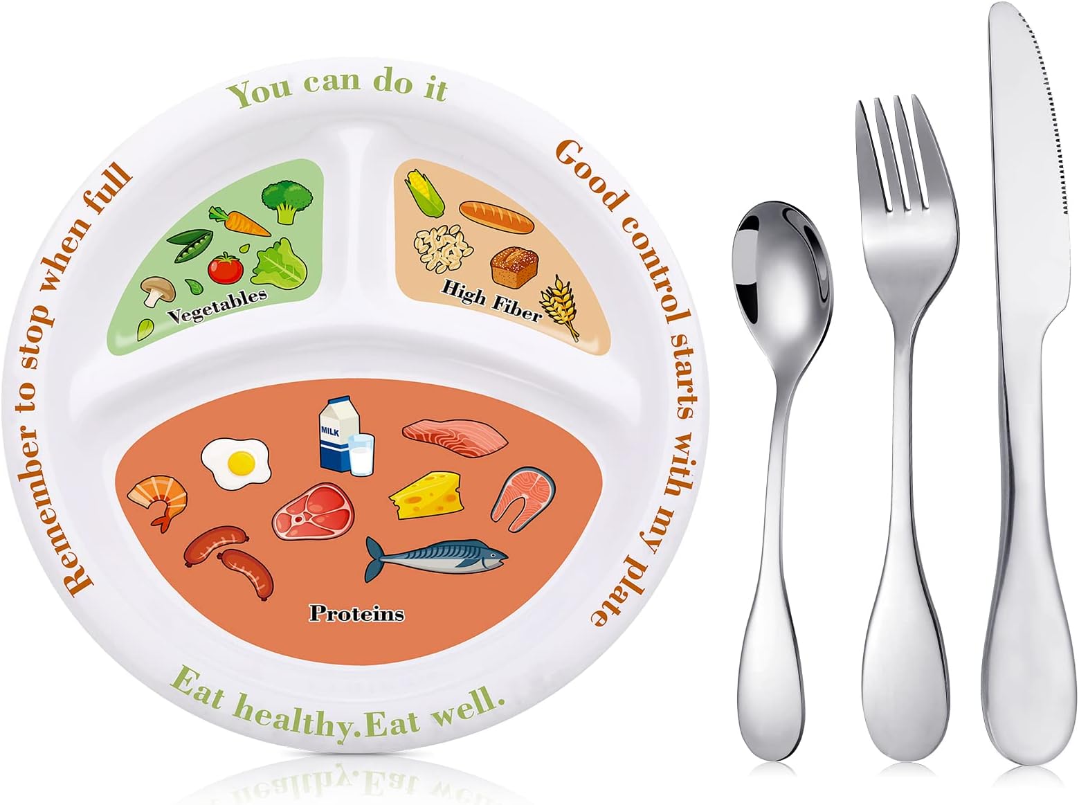 4 Pieces Bariatric Portion Control Plate Stainless Steel Silverware Flatware Set Tableware Cutlery Set Diet Plate for Balanced Eating Weight Loss Serving Decorations