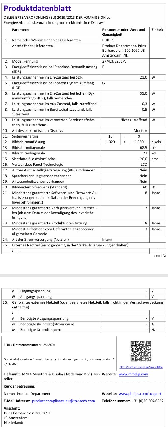 Philips Evnia 27M2N3201PL Gaming Monitor 27 Pulgadas 260Hz Panel Fast IPS, 1ms GtG, HDR10, G-Sync Compatible (1920x1080 HDMI 1x 2.0 DP 1x 1.4) Blanco