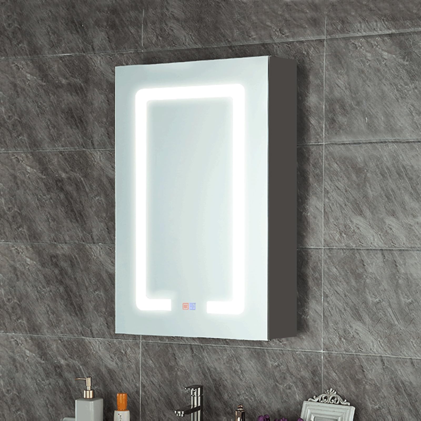 Armario con espejo de baño de 50 x 80 cm con enchufe y USB, iluminación de 3 colores y función antivaho, elegante solución de almacenamiento para baños modernos