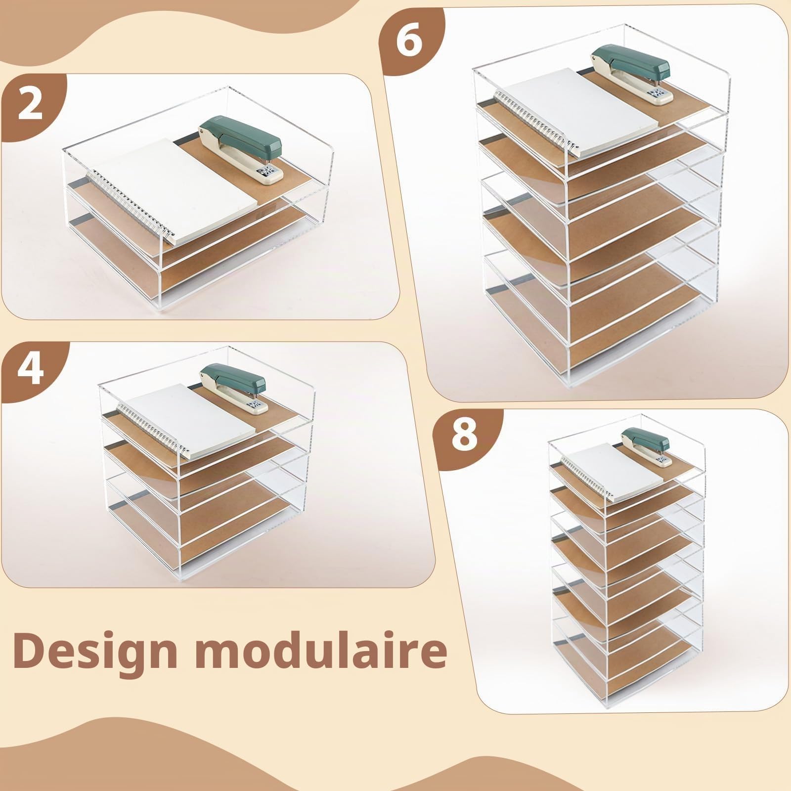 4 Couches Organisateur de classement de fichiers, Acrylique Organiseur de Bureau Transparent, Rangement Stable, Corbeille à courrier empilable, pour Le Bureau, l'école, la Maison.