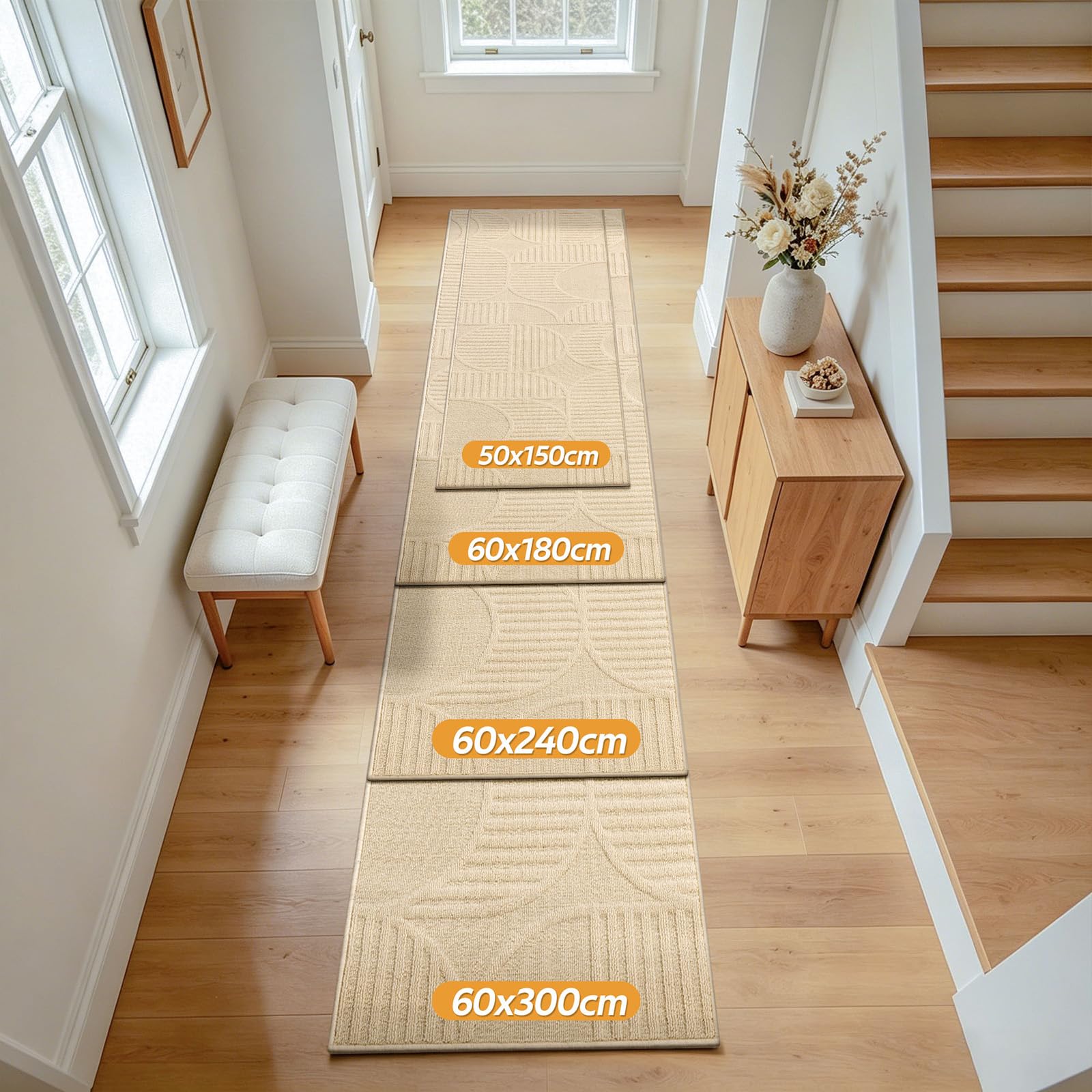 SHACOS Tappeto Corridoio Antiscivolo 60x300 cm, Tappeti Passatoia Beige | Moderno Tappeto Cucina Lavabile, Lungo Passatoia Corridoio Tappeti Runner per Ingresso Lavanderi