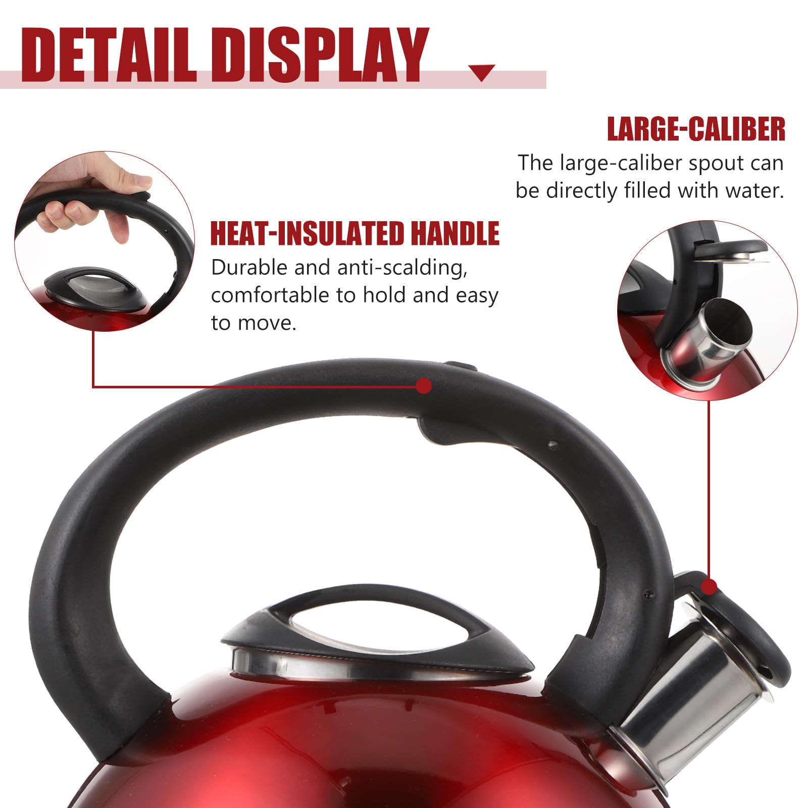 Uonlytech Tetera de Acero Inoxidable, Hervidor Asa Aislante 3l Rojo, Silbido al Hervir, Antiquemaduras, para Cocina de Gas E Inducción, Uso Doméstico