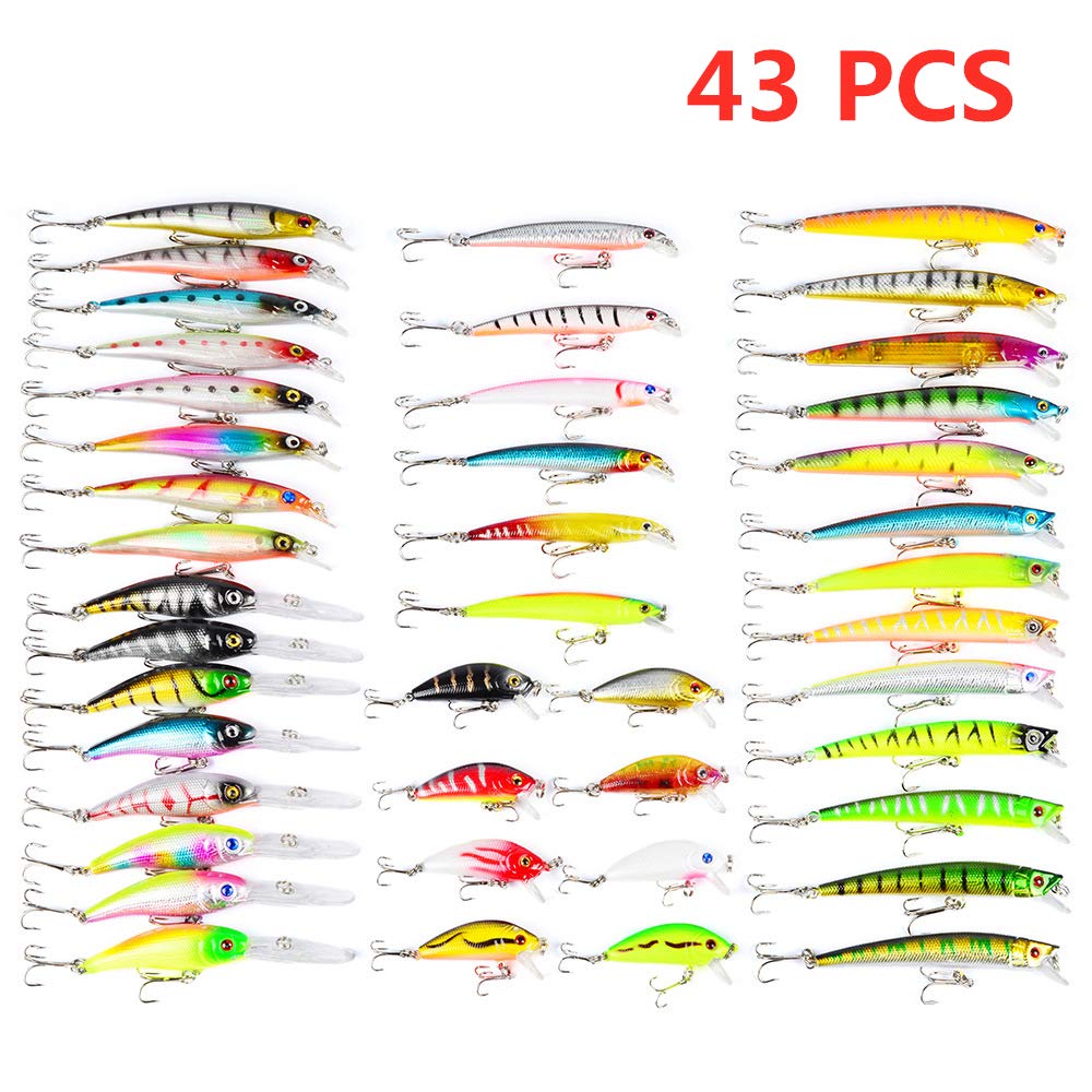 RoseFlower 43 Pieces Fishing Lure Kits Universal Artificial Hard Bait Sets Including Spinning Lures, Minnow, Crank, Popper, VIB, Spoon Lures - Fishing Equipment for Sea Bass Salmon Cod Trout