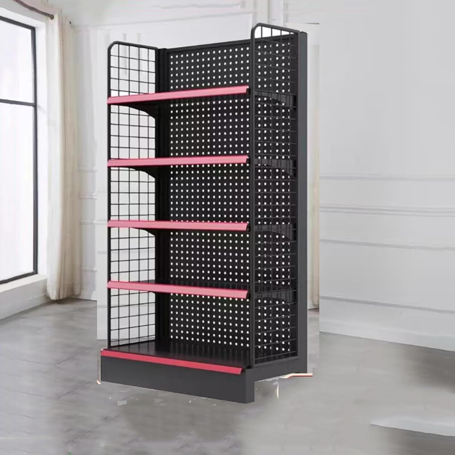 Retail Gondola Shelving Display Rack - Black Convenience Combination Shelves with Grid for Supermarkets & Grocery Stores - Sturdy Wall Shelf (122x36x135cm)