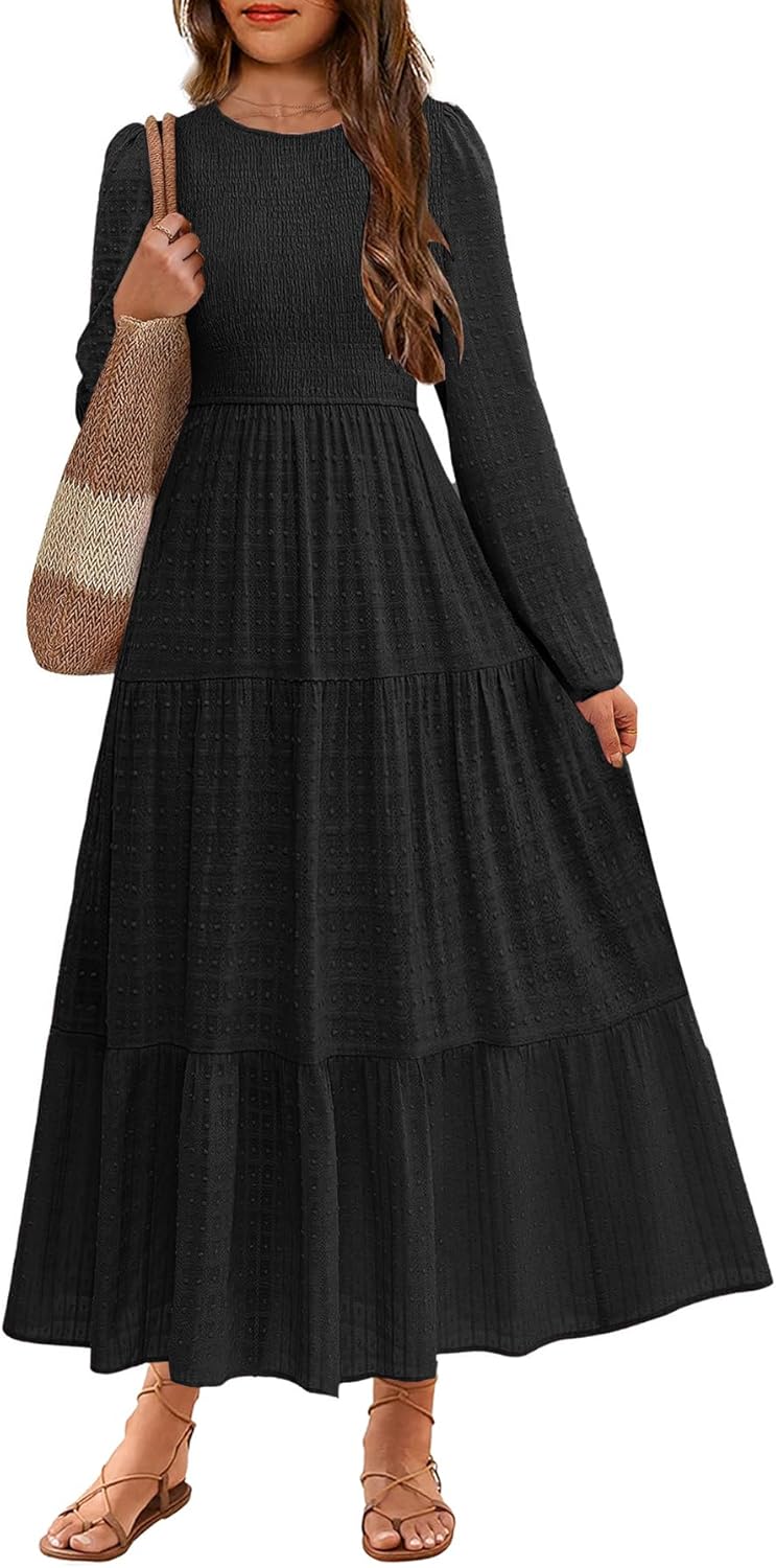 HOSIKA Tween Girls Fall Puff Long Sleeve Smocked Swiss Dot Tiered A-line Flowy Maxi Dress with Pockets 6-12 Years