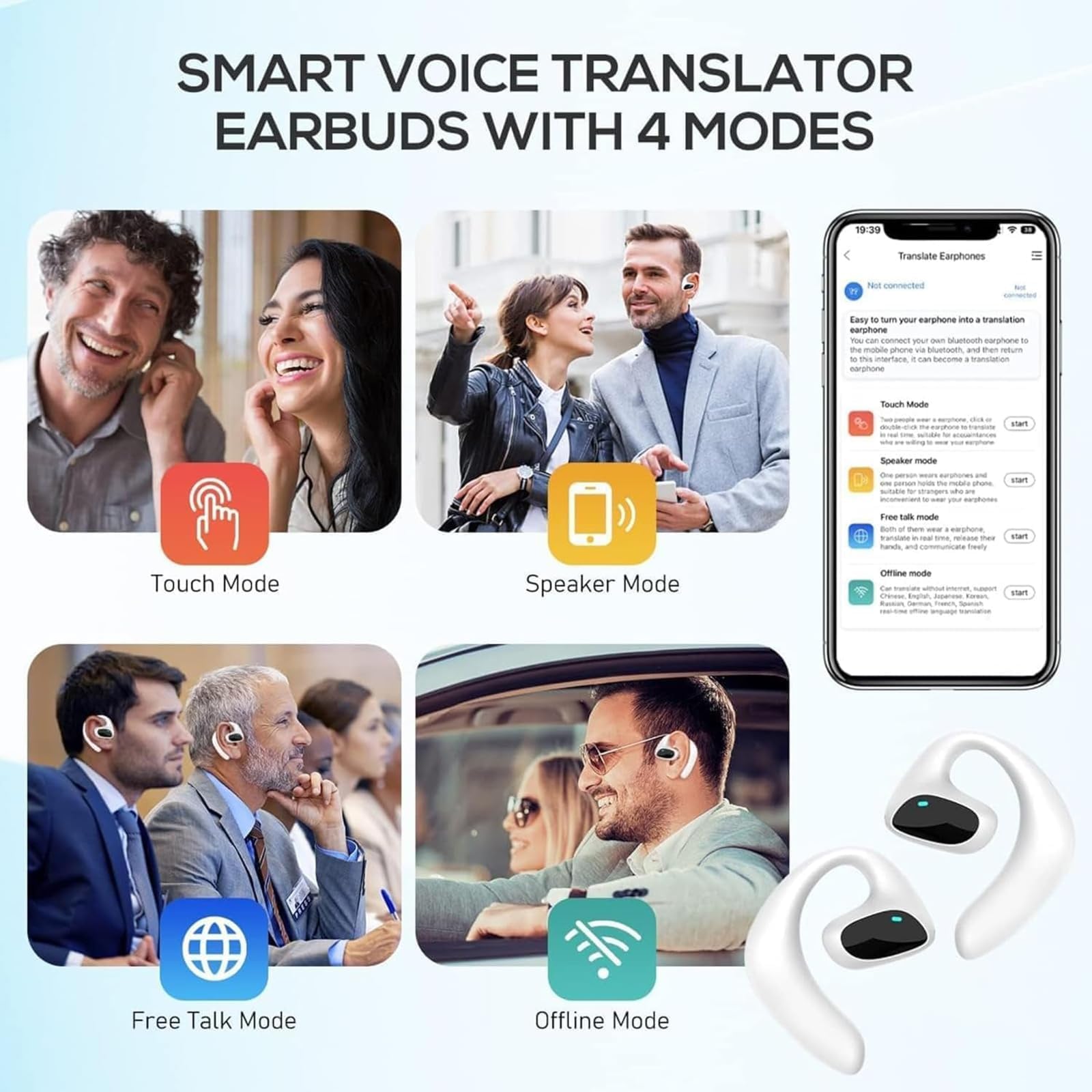 Meacode AI Translation Earbuds, Talk Buds Translator, Traducteur Instantané 144 Langues, 30h Autonomie, Réduction de Bruit, Écouteurs Ouverts (Blanc)