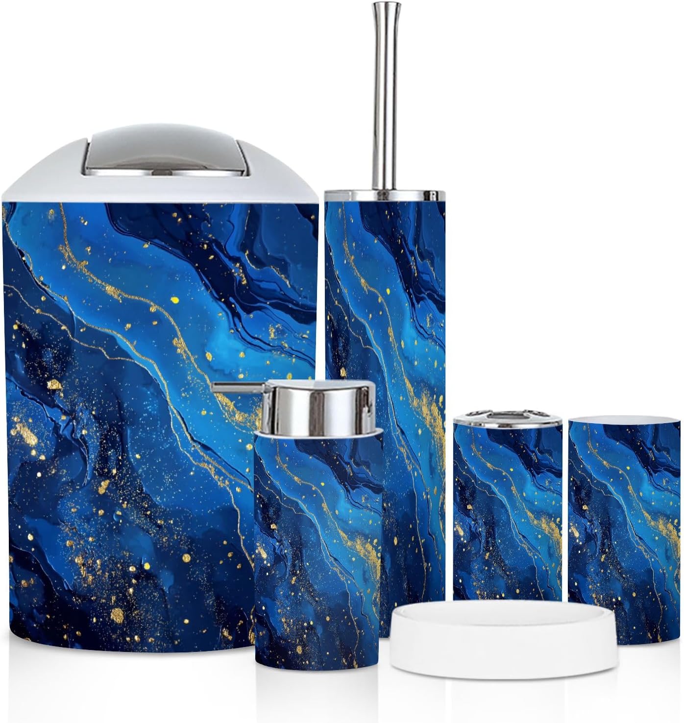 Bathroom Accessory Set 6 Piece Blue Marble Gold Abstract Texture Indigo Blue marbling Natural Trash can, Toothbrush Holder, Soap Dispenser, Soap Dish, Toothbrush Cup, Toilet Brush Holder