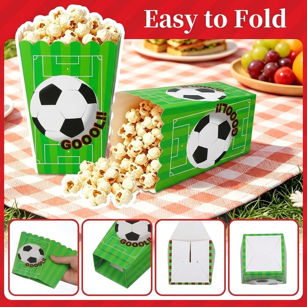 Soccer Party Popcorn Boxes, 30 Pack Green Football Themed Birthday Decorations, Disposable Paper Snack Containers for Sports Events Game Day Celebration