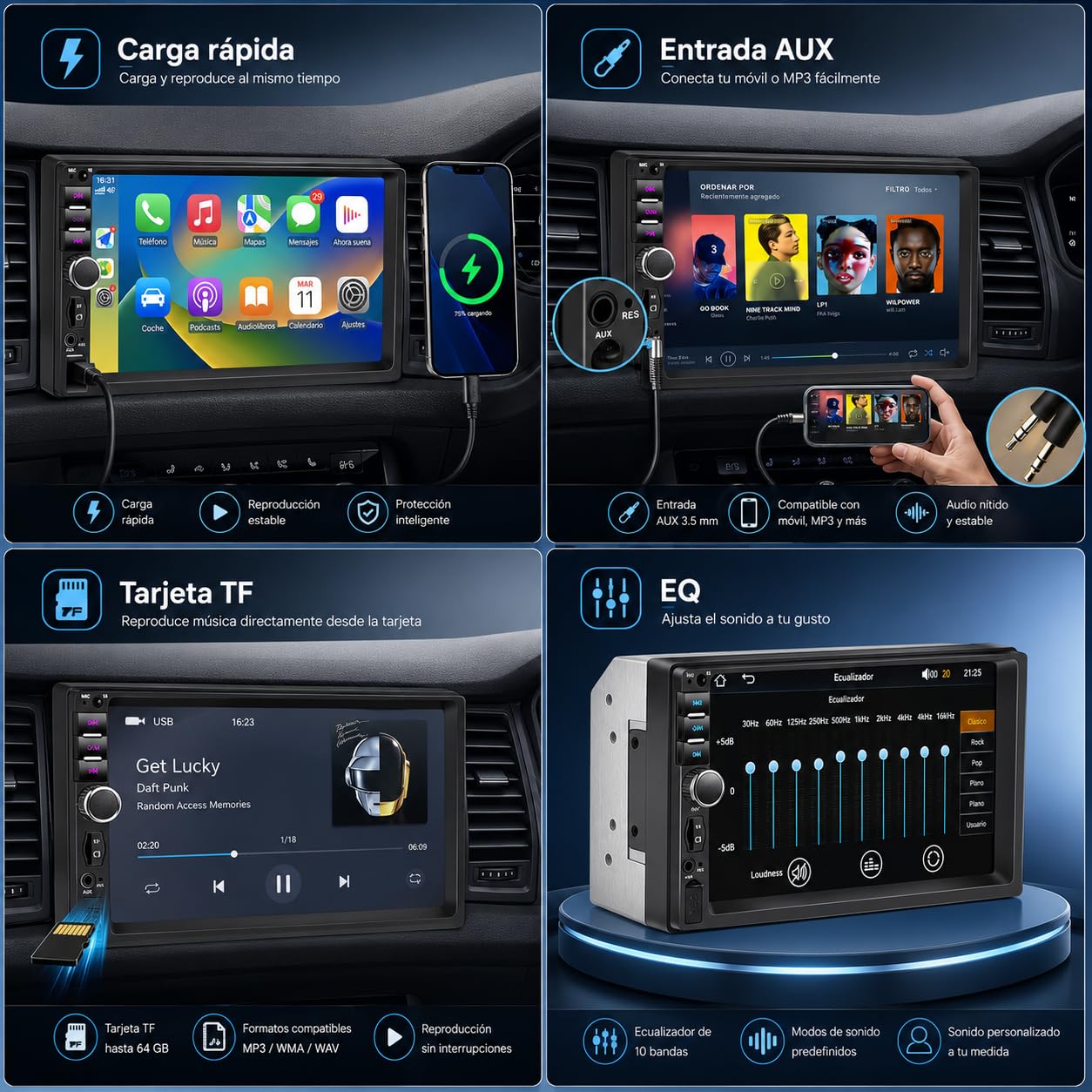 Autoradio Bluetooth 2 DIN con Carplay e Android Auto, 7 pollici con touchscreen 1080P Car Stereo supporta vivavoce/FM/Mirror Link/Wheel Control/porta USB/AUX/EQ/TF/WMA