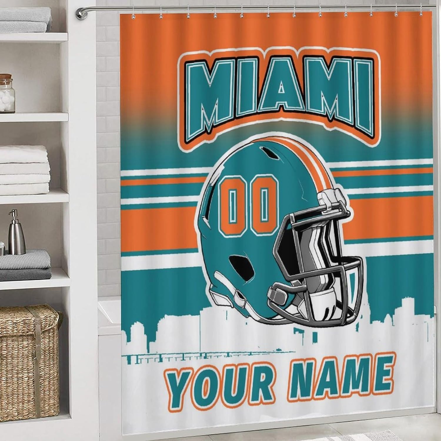 Custom 4PCS Miami Shower Curtain Set for Bathroom Personalized Name and Number Shower Curtain Bath Mat Toilet Mats for Women Men Teenager Boys 72 Inch X 72 Inch