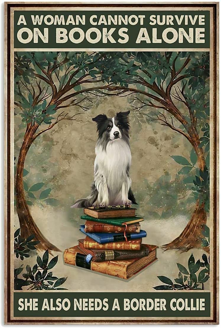 Vintage Tin Sign Funny Plaque Plaque Woman Love Border Collie Dog And Book Vintage Wall Decor Tin Sign Funny Decorations For Home Bar Pub Cafe Farm Room Metal Poster 14x20cm