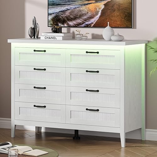 IDEALHOUSE 8 Drawer Dresser with Power Outlet, White Dresser with LED Light, Modern Chest of Drawers for Closet, Double Wide Drawer Organizer Cabinet for Bedroom, Living Room