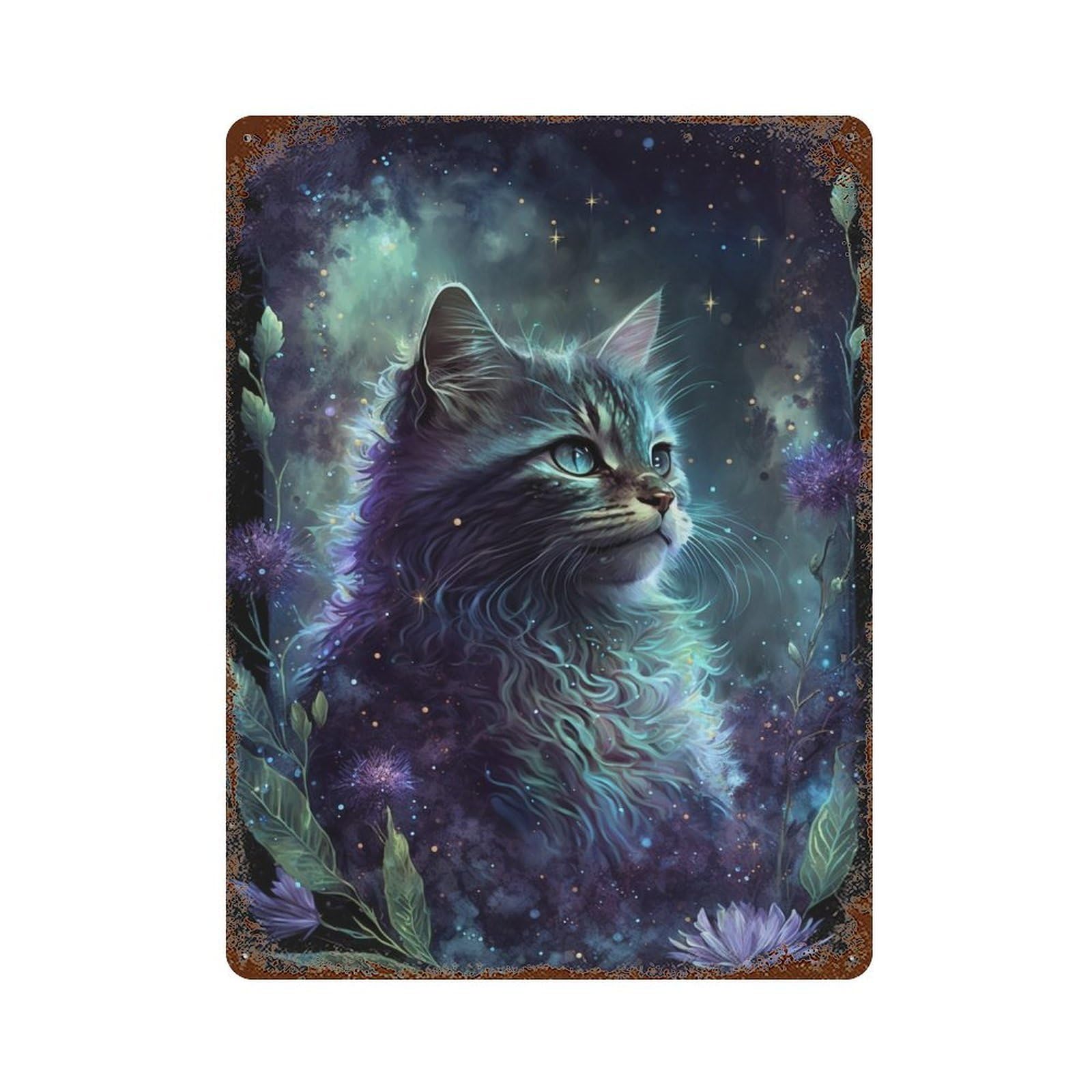 Magical Celestial Cat Artwork Rusty Metal Tin Sign 15.7"x11.8", for Pub, Kitchen And Man Cave Decor, Novelty Wall Decor