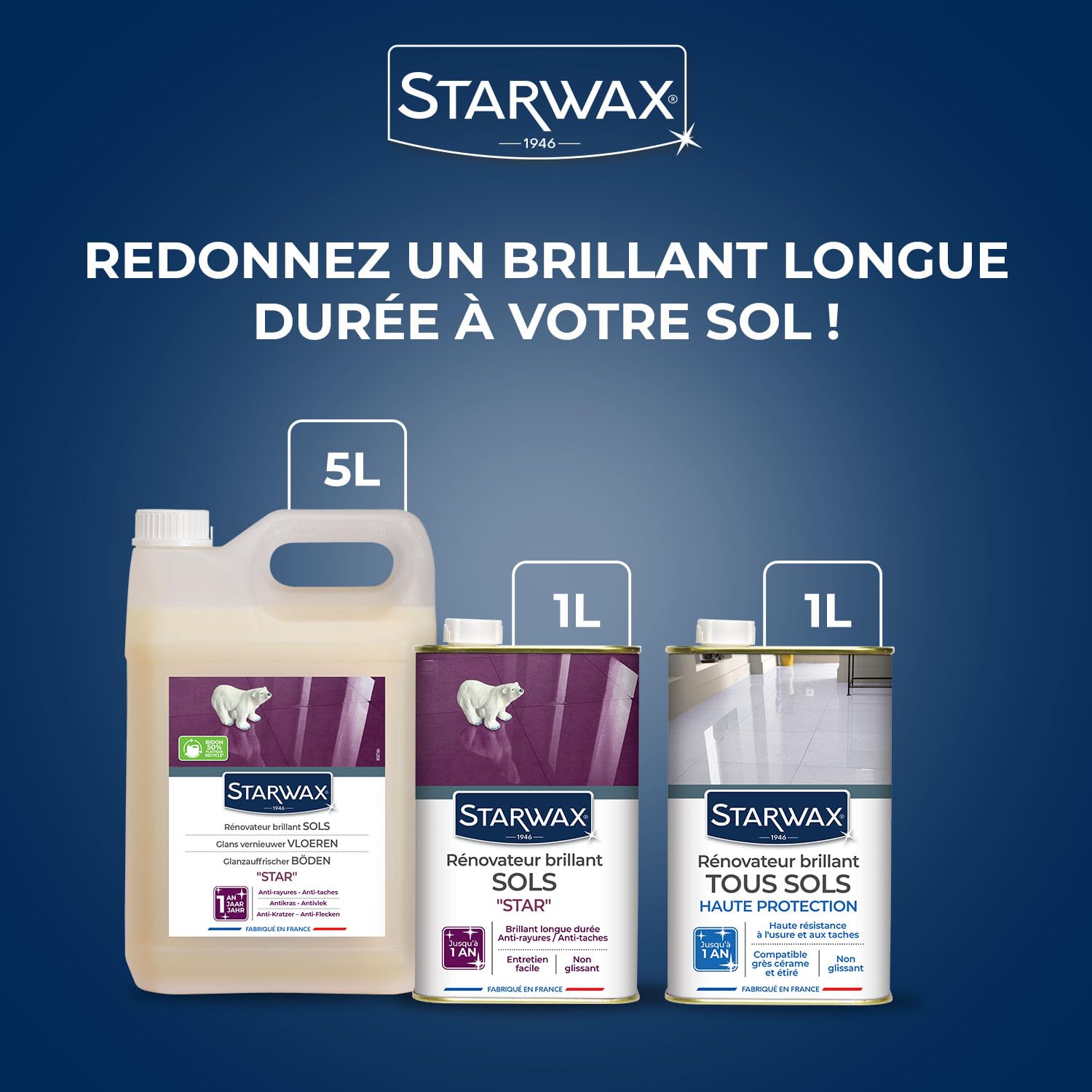 STARWAX Rénovateur Brillant Star pour sols intérieurs 5L | Ravive et protège carrelage PVC parquet stratifié tomettes et marbres, brillance longue durée jusqu'à 1 an, rendement 30m²/L