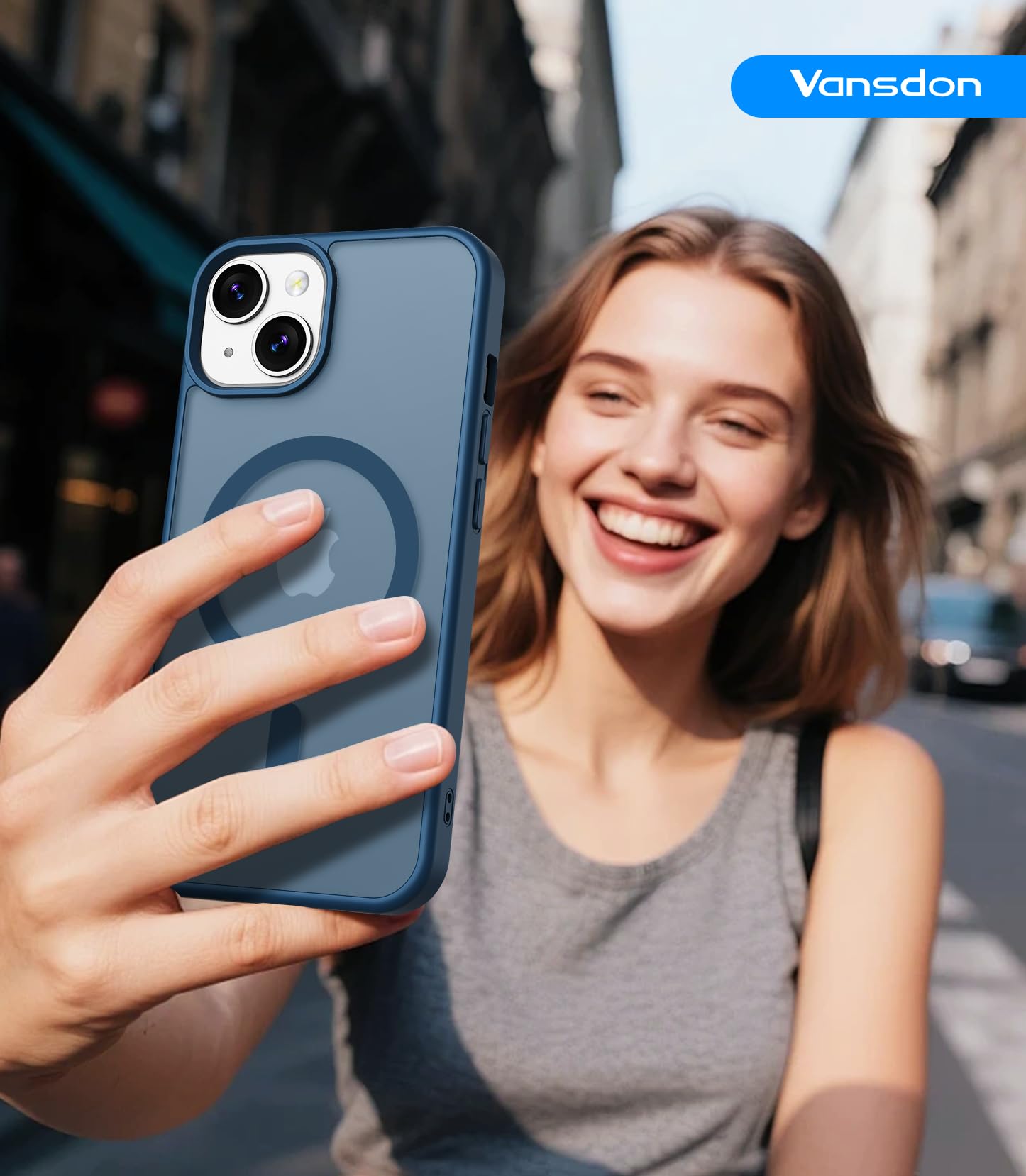 Vansdon Magnétique Coque pour iPhone 13 / iPhone 14 avec 1 Verre Trempé, Compatible avec MagSafe, Protection Contre Les Chutes de qualité Militaire, Coque Mat Translucide Fine Antichoc -Bleu Foncé