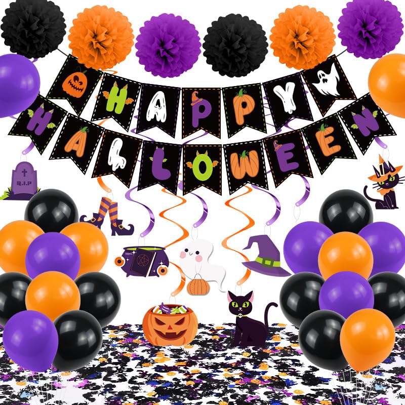 Halloween Party Decorations, Purple Black Orange Banner Swirls Set, Halloween Pompom Banner Garland Hanging Swirls for Trick or Treat Party Decor Accessories Indoor Outdoor Home Decorations