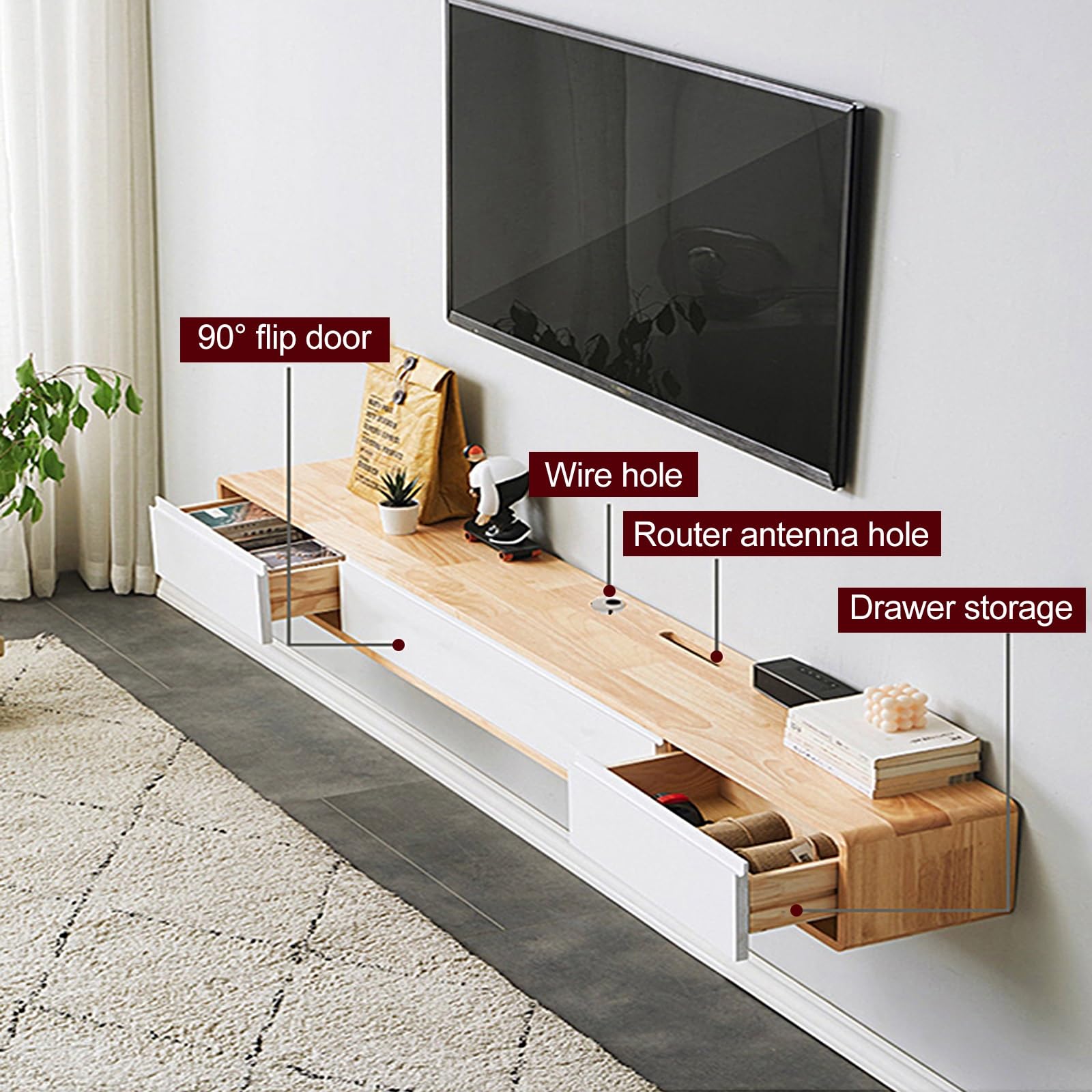 Mobile TV sospeso, Moderno Centro di intrattenimento sospeso con 2 cassetti portaoggetti, mensola TV in Legno massello, Console multimediale per Soggiorno, Camera da Letto (Naturale, 160 cm/63 polli
