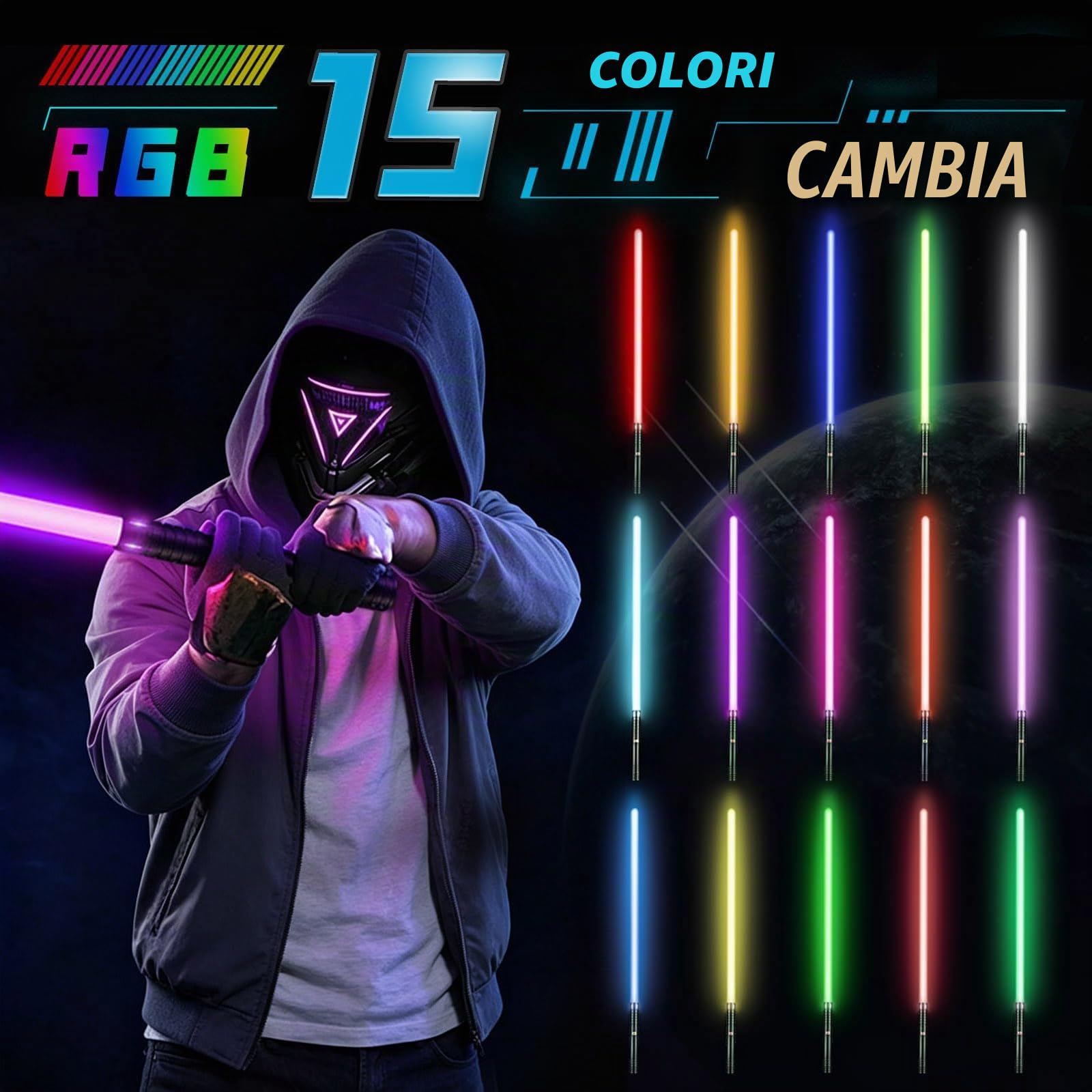Spada Laser, Spade Laser Bambino con 15 Colori, Lightsaber Duello per 4 modalità Suoni, Spada Laser Ricaricabile USBC con Manico Metallico, Spade Laser per Halloween, Regalo di Natale (Nero 2PC)