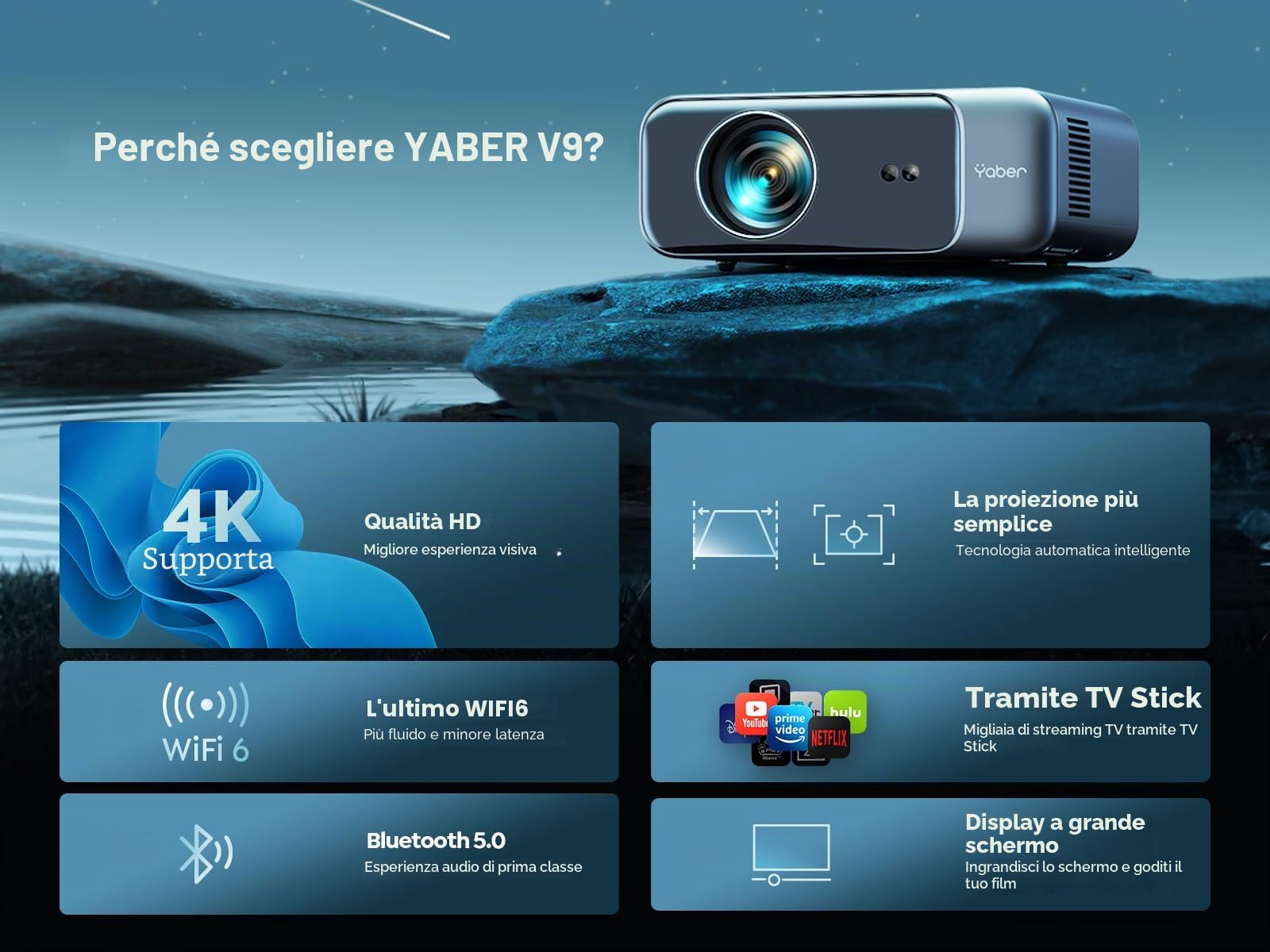 Proiettore YABER Home Cinema, 1080P Full HD compatibile 4K, Autofocus e Correzione Keystone, WiFi 6 Bluetooth Portatile Esterni Schermo 300 Pollici, per Smartphone/Fire TV Stick/PS5