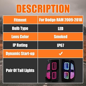 RGB LED Tail Lights for Dodge RAM 1500 2500 3500 2009-2018 Taillights Assembly [For Factory Halogen & LED Model] with RGB DRL/Sequential Turn Signal/Driver & Passenger Side Rear Light