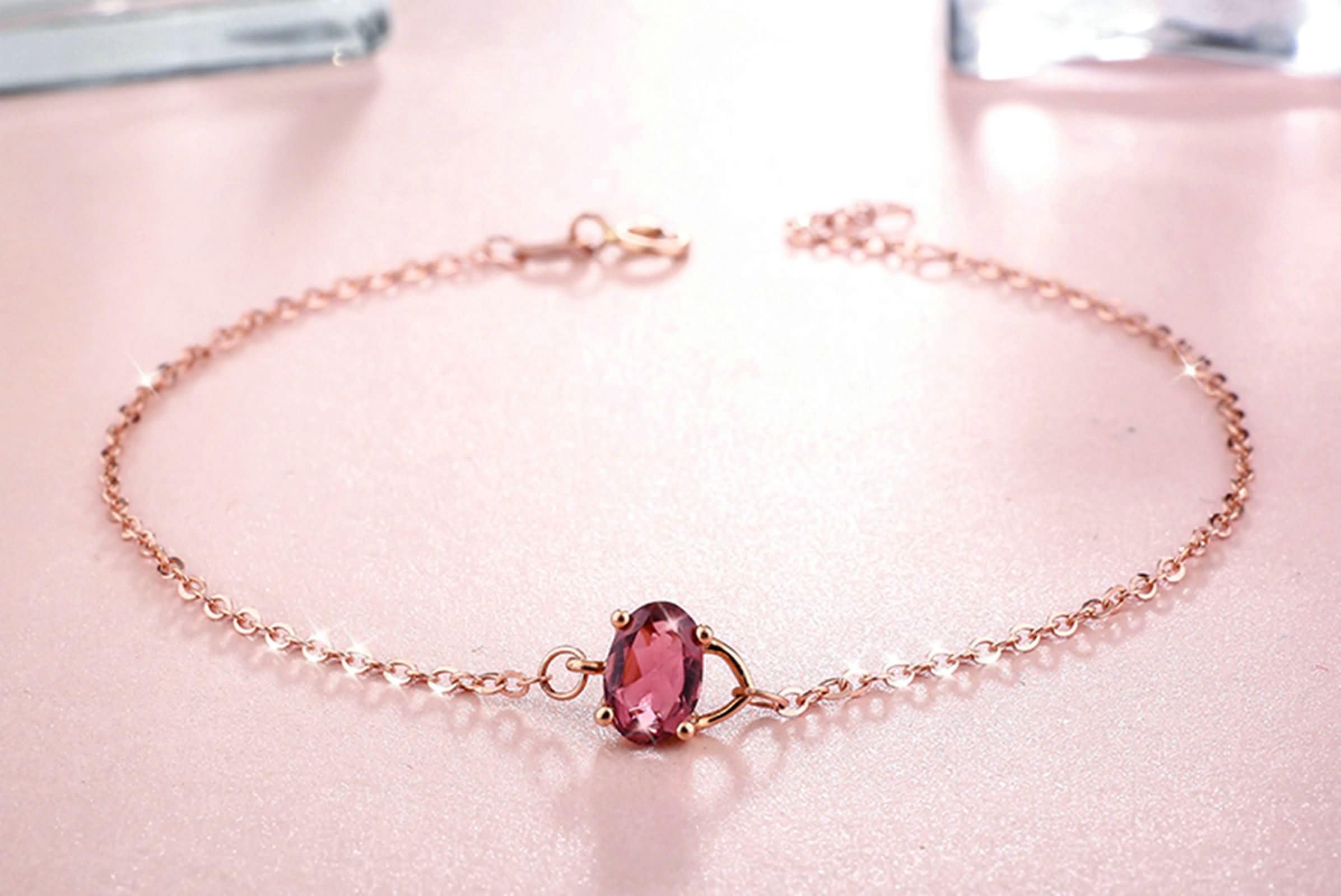 Pulseras Mujer Oro Rosa 9K / 14K / 18K, Cadena con Oval y Turmalina, Cadena Extensible 16 CM + 5 CM, Pulseras Ajustable Mujer de Oro Rosa