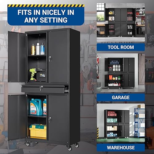 Miniatura 5 de Fesbos Gabinete de metal de 73 pulgadas, color negro, resistente con ruedas, estantes, puertas y cajones con cerradura, para garaje, despensa,