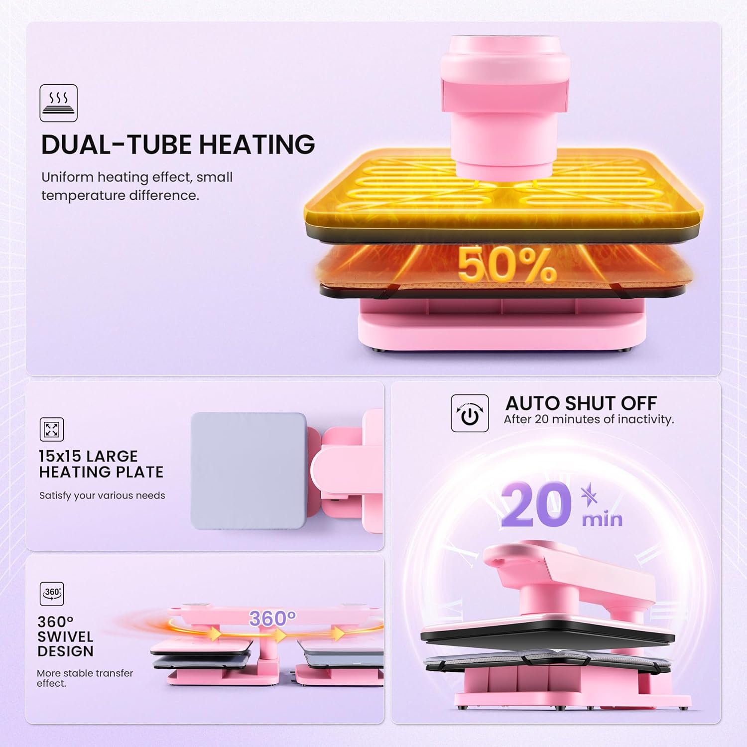 Whubefy 360° Swivel Auto Heat Press 15x15 - Pink Smart Automatic T-Shirt Printing with Auto Release & 7-Level Auto Pressure - Swing Away Large Pro Heat Press Machine for T Shirts Hoodie HTV Vinyl