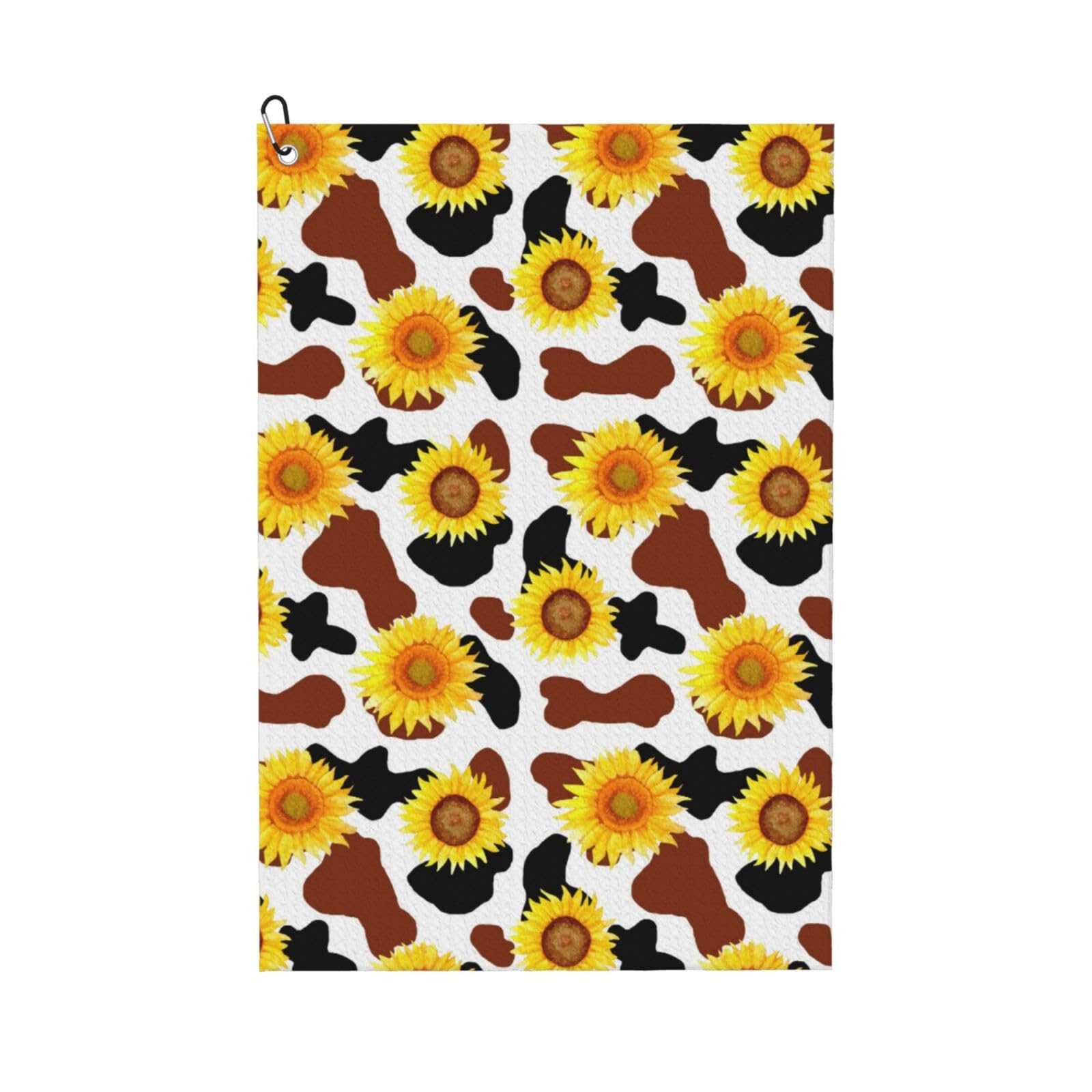 AOOEDM Cow Print Sunflower Print Golf Towel with Carabiner Clip Absorbent Microfiber Golf Towel for Cleaning Golf Ball Club Putter Iron for Golf Bag Trolly Belt Loop 16" X 24"