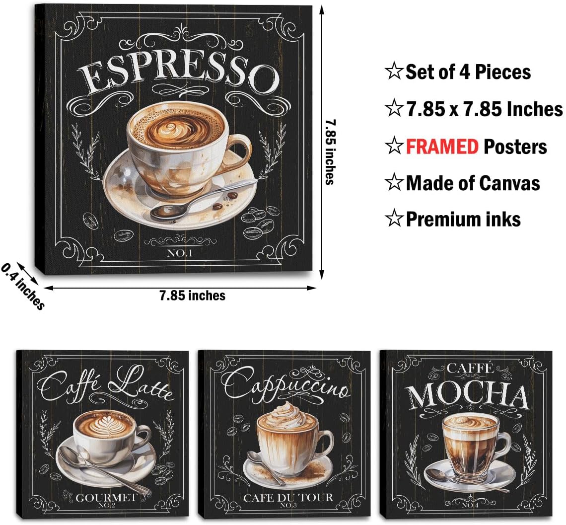 4 PCs Coffee Wall Decor Canvas Wall Art Framed Art Coffee Bar Decor Posters, Gifts for Coffee Lovers, Coffee Bar Sign, Artwork for Walls Coffee Station Dining Room Kitchen Home Office Decor