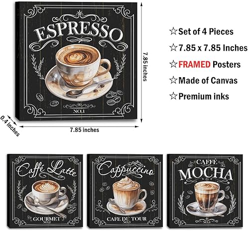Miniatura 2 de 4 piezas de decoración de pared de café en lienzo, arte enmarcado para decoración de cafetería, regalos para amantes del café, letrero de barra de