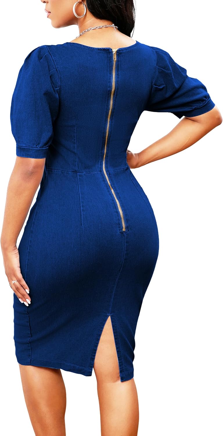 Denim Dress for Women Bodycon Sexy Short Sleeve Jean Split Workwear Dresses with Zipper Club Party Night - Image 4