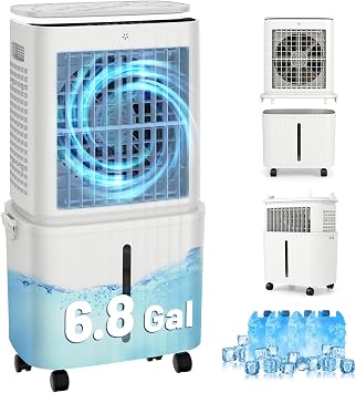 Zynkez 6.8 Gal Swamp Cooler, Windowless Portable Air Conditioner with Detachable Tank & Light, Glass Touch Panel, 4-IN-1 AC Unit, Evaporative Air Cooler for Room, Bedroom, Office Garage