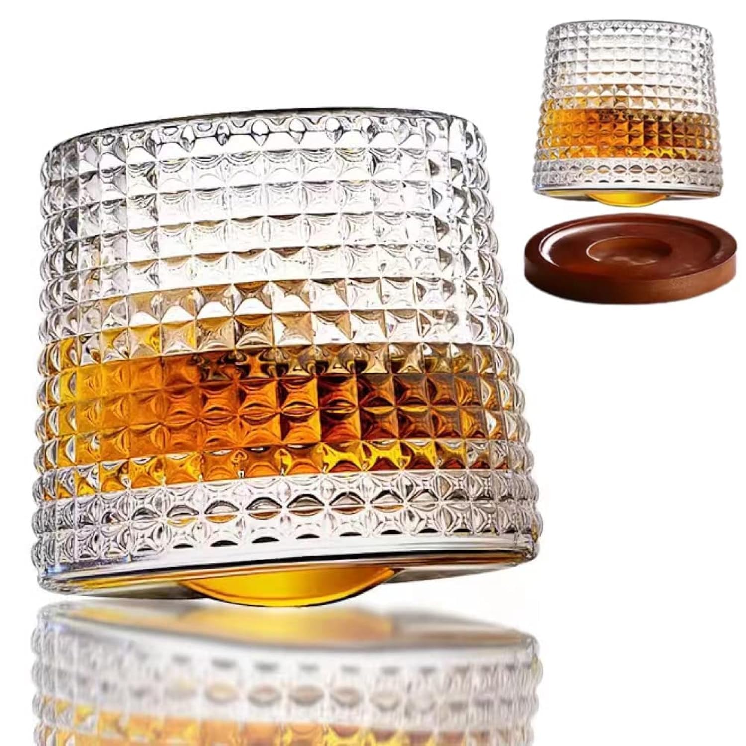 5oz Whiskey Glasses,Rotatable Tumbler Crystal Glass Cups,Drinking Glasses with Creative Walnut Coasters - for Scotch,Bourbon,Cocktails,Personality Wine Glass (Diamond + Walnut Coaster)