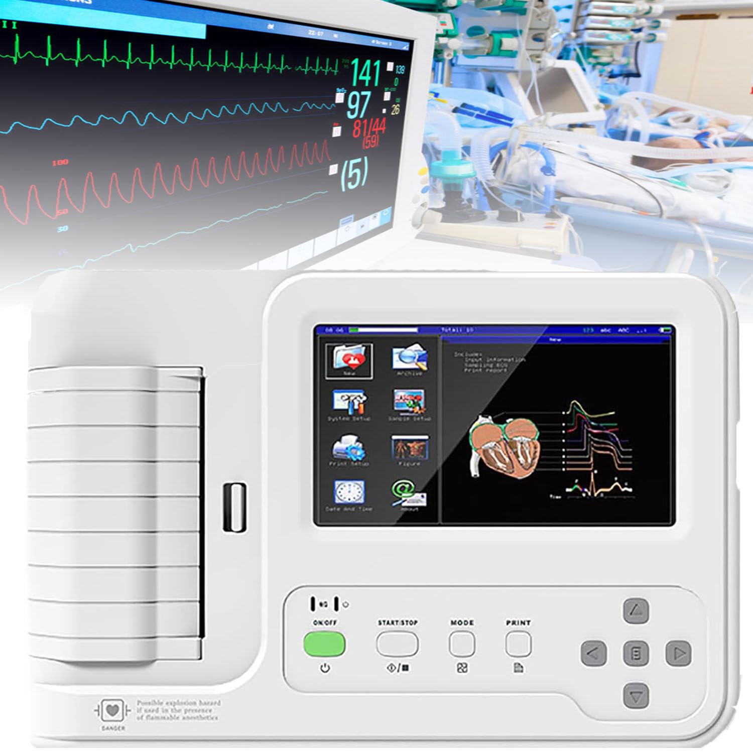 Monitor pacjenta EKG EKG, 12-kanałowy monitor EKG/EKG, ciśnienie czasowe, rejestracja ręczna lub automatyczna, krzywe do zastosowań medycznych