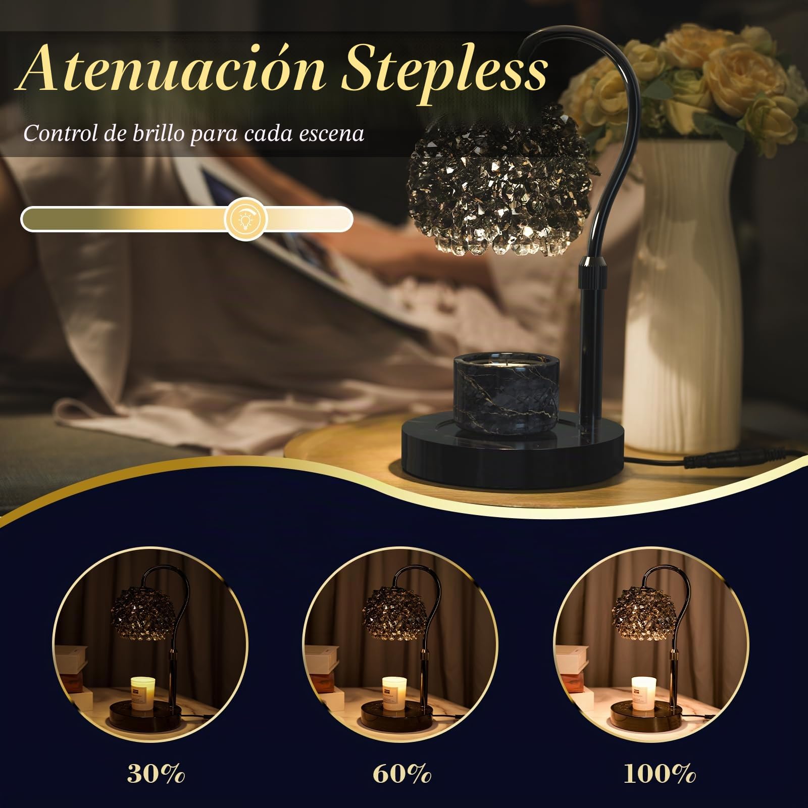 Genérico Lámpara calientavelas de lujo con temporizador y brillo regulable, pantalla de cristal de gemas y base premium. Ajustable para derretir cera, ideal para decoración del hogar(Negro)