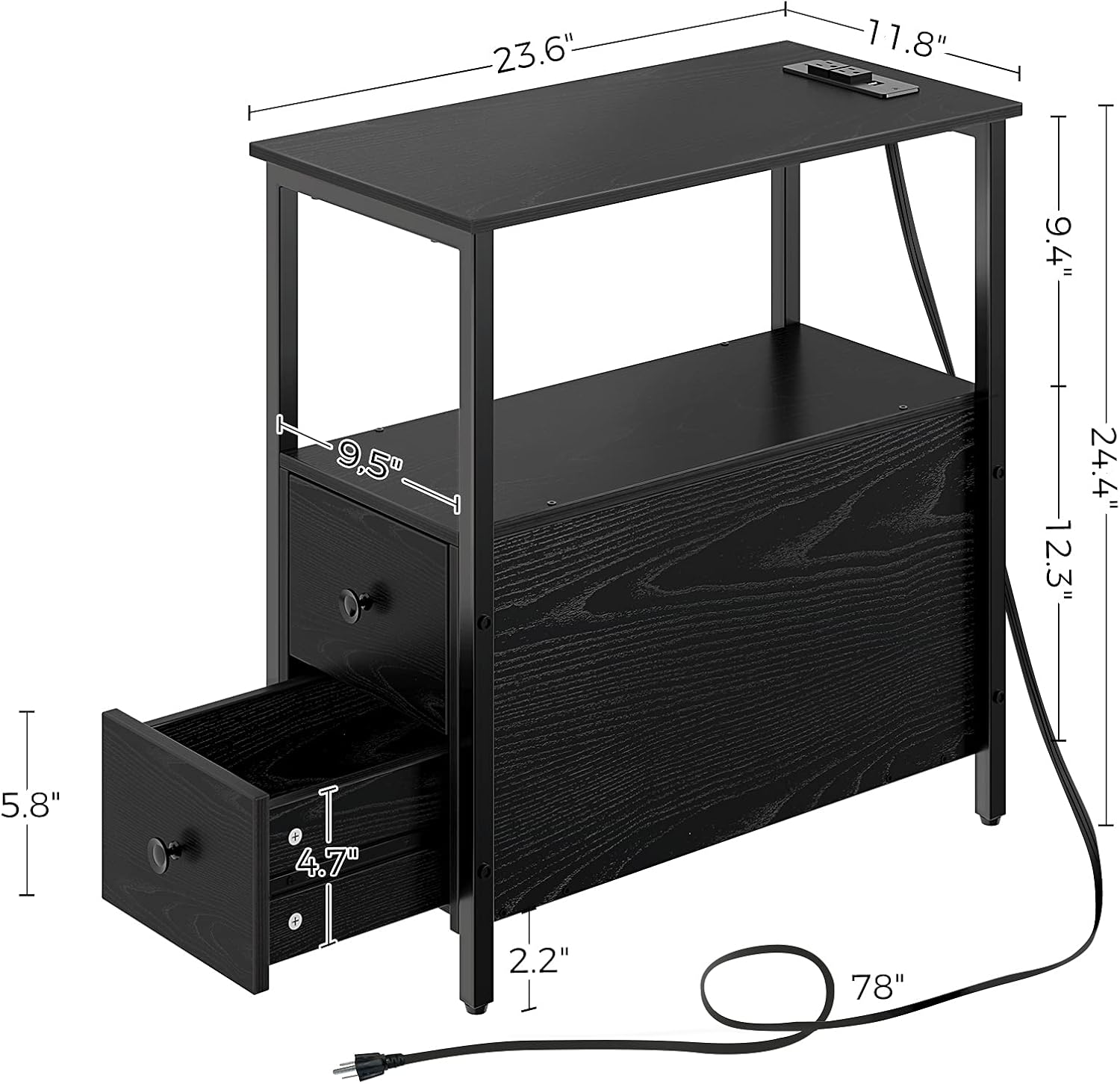 Rolanstar End Table with Charging Station, Narrow Side Table with 2 Wooden Drawers and USB Ports & Power Outlets, Nightstand Sofa Table for Small Spaces, Living Room, Bedroom, Black : Home & Kitchen